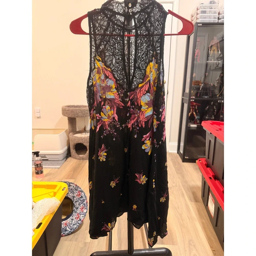 Intimately Free People Floral Lace Mock Neck Mini Dress Sleeveless Black Small